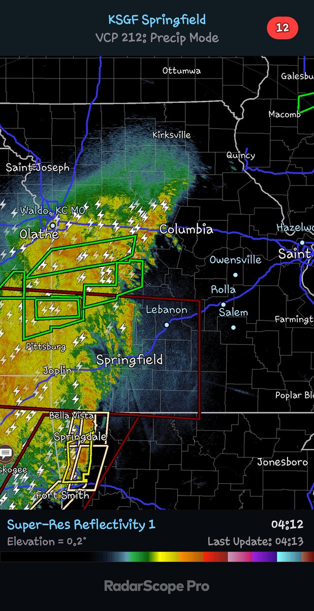KSGF radar update at 412 a.m. Sunday April 28th 2024. Part of the line in Western MO that's been going all night along with severe weather out to the West is now on the move Eastbound and down.
