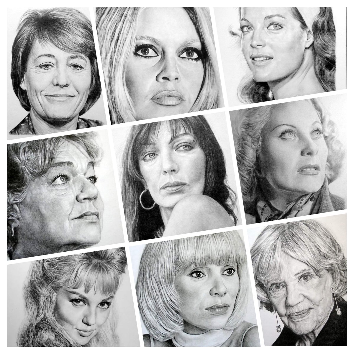 Annie Girardot, Brigitte Bardot, Romy Schneider, Simone Signoret, Marie Laforêt, Michèle Morgan, Mylène Demongeot, Mireille Darc, Jeanne Moreau Dessins aux crayons Graphite sur feuilles Bristol