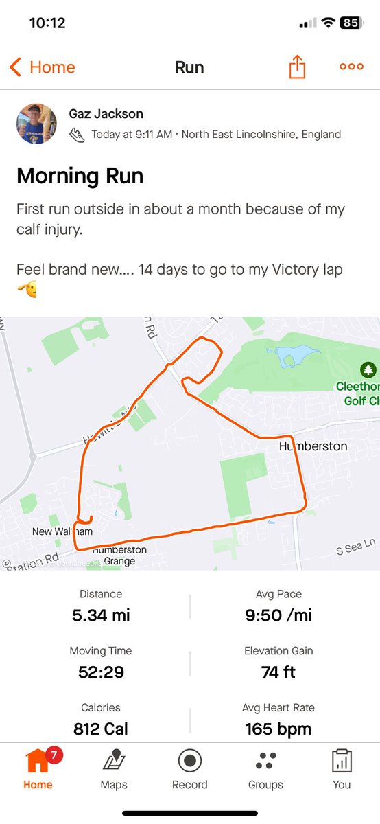 First proper run in a month after a calf injury…. Feeling great 🫡 ready for my victory lap 2 weeks today. #notbadforafatlad #marathontraining #trusttheprocess @hardestgeezer