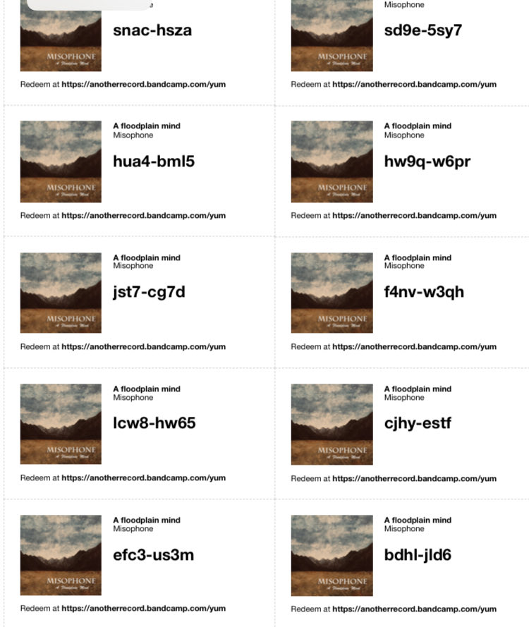 A Floodplain Mind has been out five months now. Thank you to everyone who has lent an ear and shared a kind word about it. Here are some free download codes for anyone who might want one; any help continuing to spread the word would be much appreciated. Best wishes, Misophone