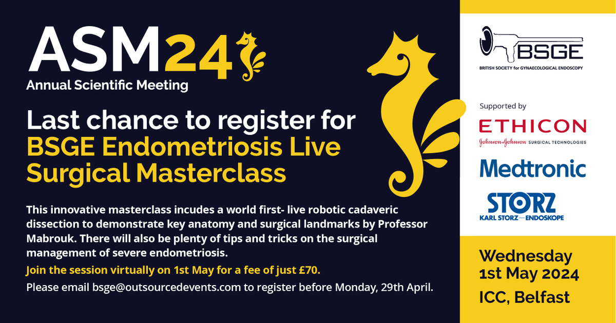 The deadline to register for this groundbreaking #endometriosis live surgery masterclass is tomorrow. It's sold out in person but you can still attend virtually. Just email BSGE@outsourcedevents.com. #BSGE2024