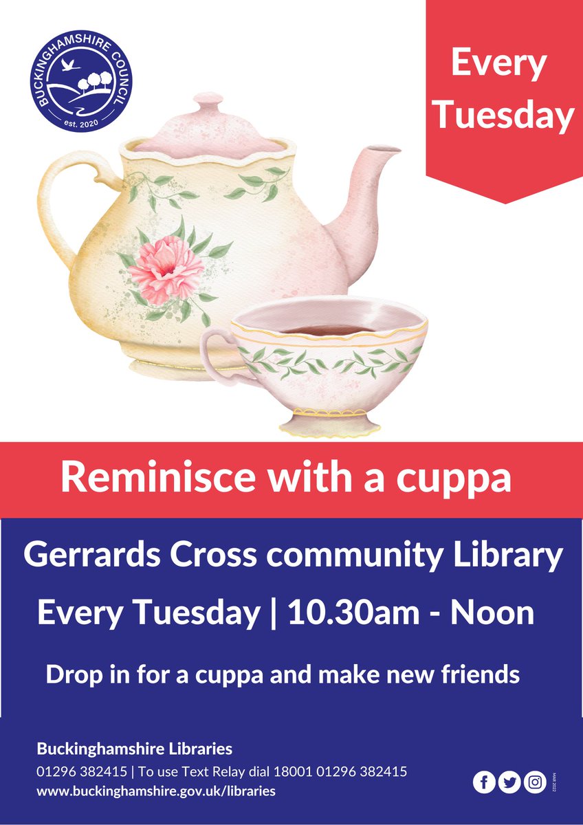 We would love to welcome you to Gerrards Cross Community Library for a friendly chat and hot drink with biscuits.