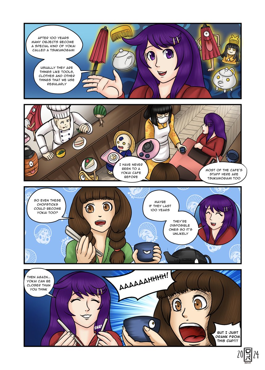 EdRohkovaWelch's tweet photo. For @MangaMoooo 's Manga Cafe Takeover I created two original Yonkoma featuring my OCs. The first one is a crossover with Mimiko from Lost and Found and Capri from Visions of the Phantomfield, enjoying a meal at a Yokai Cafe #manga #yokai #tsukumogami #yonkoma #phantomfield https://t.co/Gef6SNgCl0