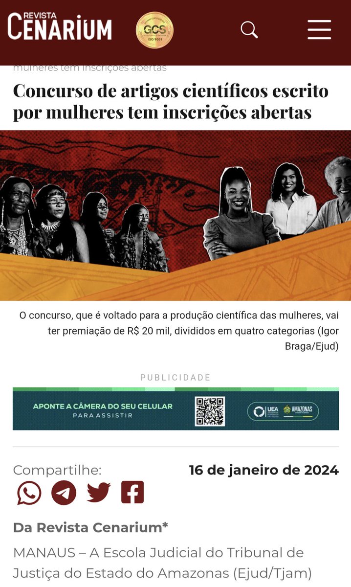 Concurso de artigos escritos por mulheres revistacenarium.com.br/concurso-de-ar… Prêmio de 20k Já dá para comprar uma coxinha com caldo de cana!