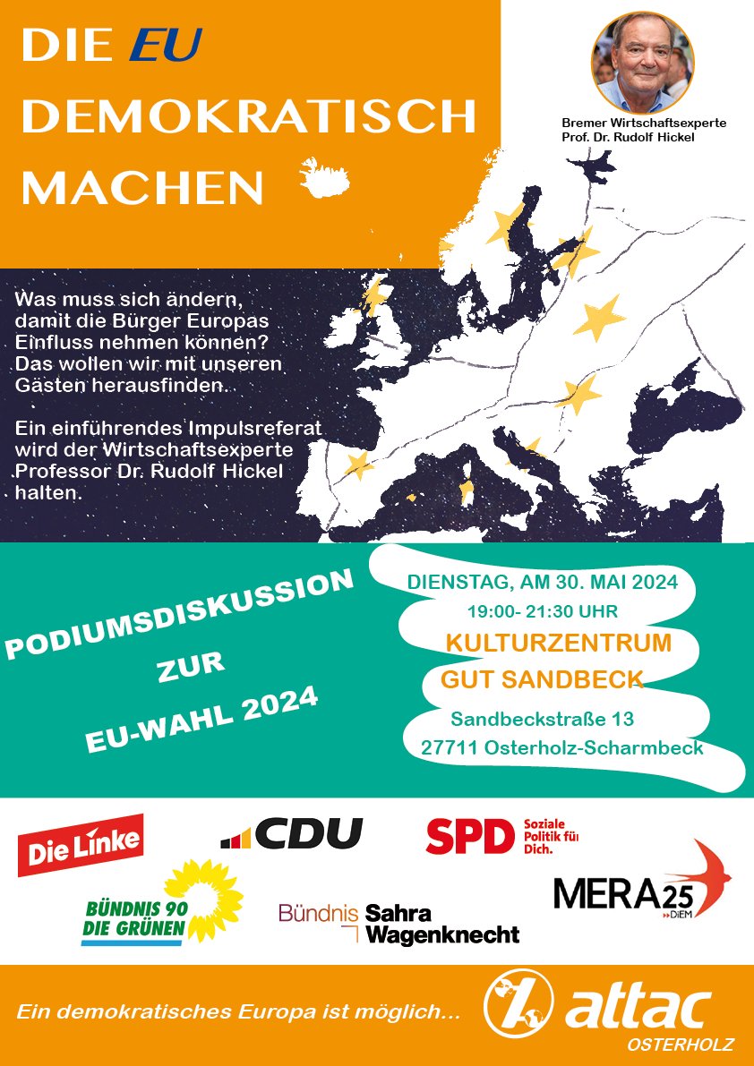 Ich diskutiere am 30. Mai in Osterholz-Scharmbeck als Vertreter von <a href="/mera25_de/">MERA25 Deutschland</a> mit zur Demokratisierung der europäischen Institutionen.
Kommt gerne vorbei!