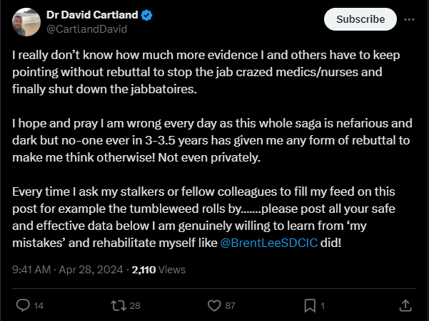 Dear David I'm not sure you comprehend how blocking works. No-one can 'fill your feed' with research to rebut your rubbish as every time someone does this, you block them. Hint: there is an unblock button Just saying...