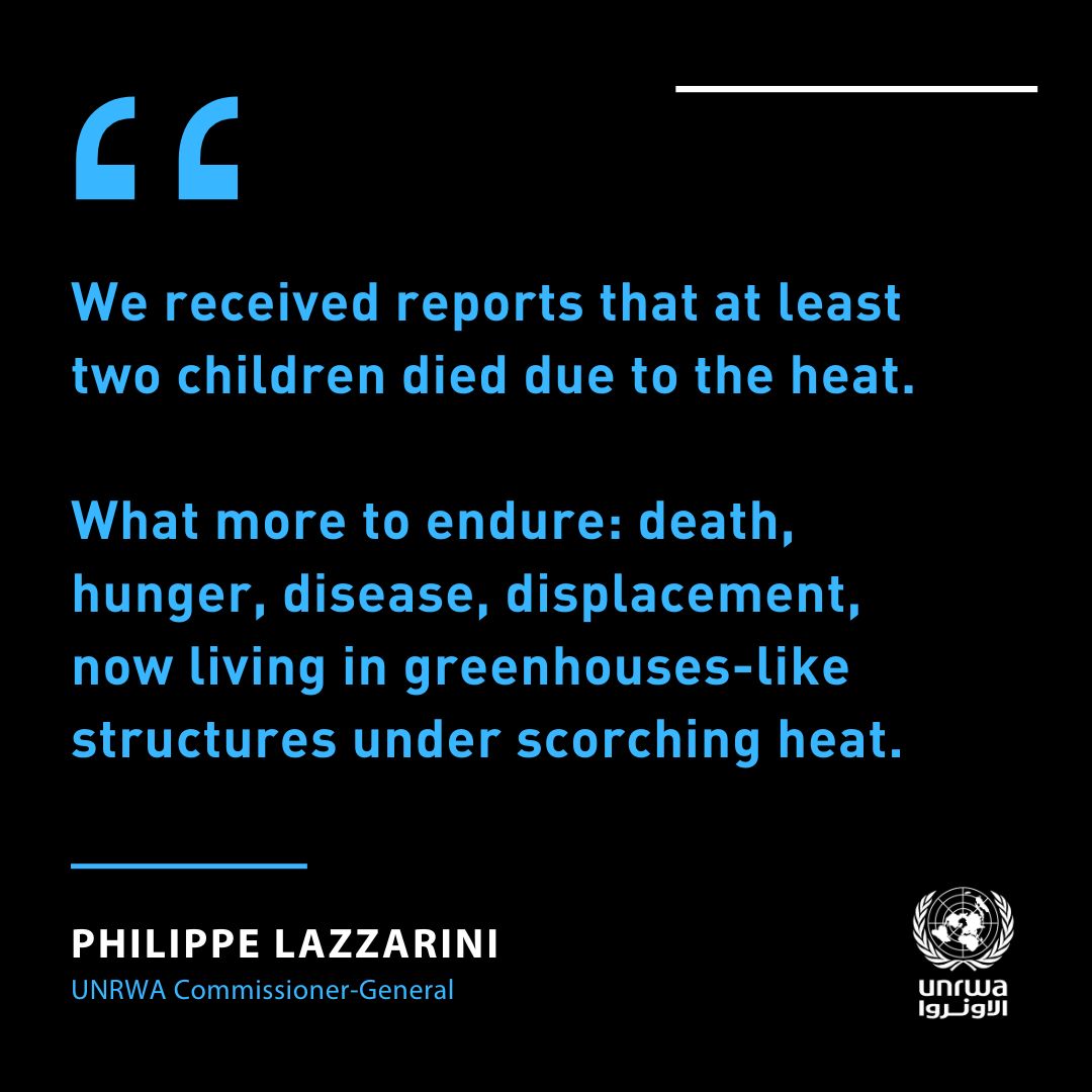 As temperature rises, life conditions in Gaza worsen. Displaced people have access to less than 1l of water per person per day for drinking, washing & bathing, against the 15l minimum according to @SpherePro Standards. Children pay the highest toll: we need a #CeasefireNow.