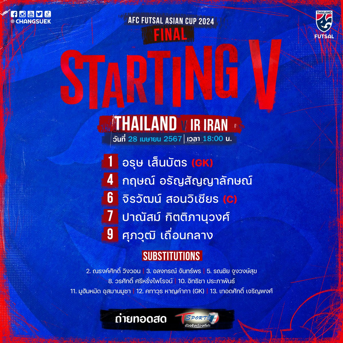 #StartingV รายชื่อ 5 ตัวจริงของทัพโต๊ะเล็กช้างศึก ในการแข่งขัน #ACFutsal2024 รอบชิงชนะเลิศ

🇹🇭 ไทย พบ อิหร่าน 🇮🇷

🗓 28 เม.ย. 67
🕖 18.00 น.
🏟 บางกอก อารีนา
📺 T Sports 7

#เชียร์โต๊ะเล็กสู่จ้าวเอเชีย #ไทยไปฟุตซอลโลกแล้ว #ฟุตซอลทีมชาติไทย