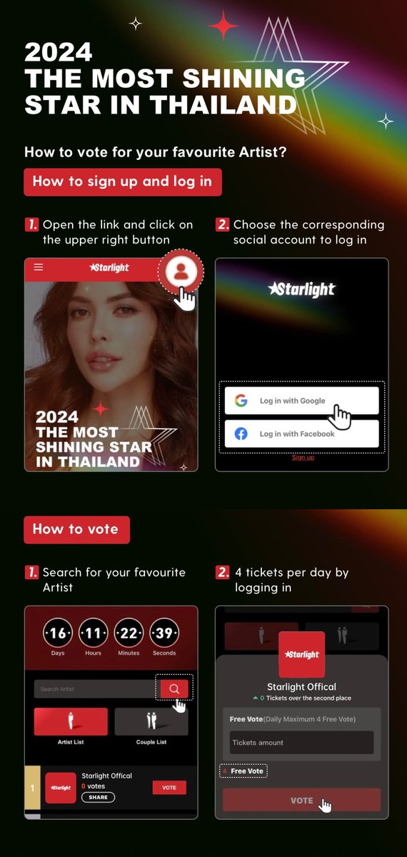 🏆2024 The Most Shining Star in Thailand ✨Come and vote to make your choice! 📌Current Artist List Ranking: 1. Faye Peraya [2701596 votes] #FayePeraya 2. Charlotte Austin [2646759 votes] #CharlotteAustin 3. Freen Sarocha [2594785 votes] #srchafreen 4. Yoko Apasra [2575975…