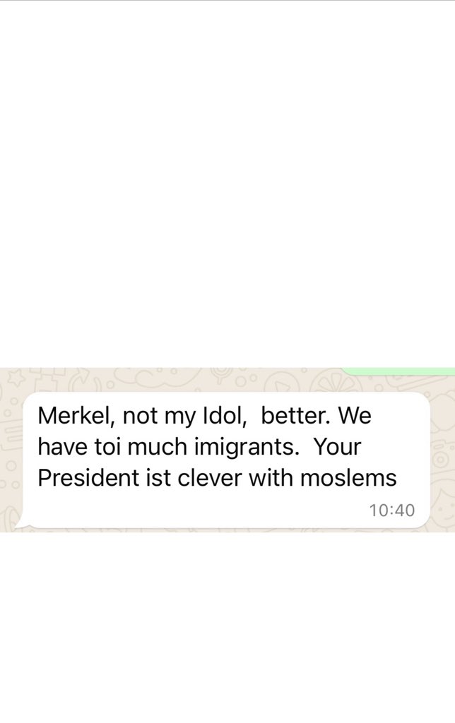 Bu mesajlar Almanyada yaşayan Alman bir arkadaşımdan geldi.Bir Avrupalının şikayetlerini ve bize yaklaşımını paylaşmak istedim. 'Bu hükümetle bu ülke delirmiş. Akılsızlar' ve 'Çok fazla göçmenimiz var. Sizin Başkanınız Müslümanlarla akıllı' diyor Anlaşılan Avrupalılar bizim…