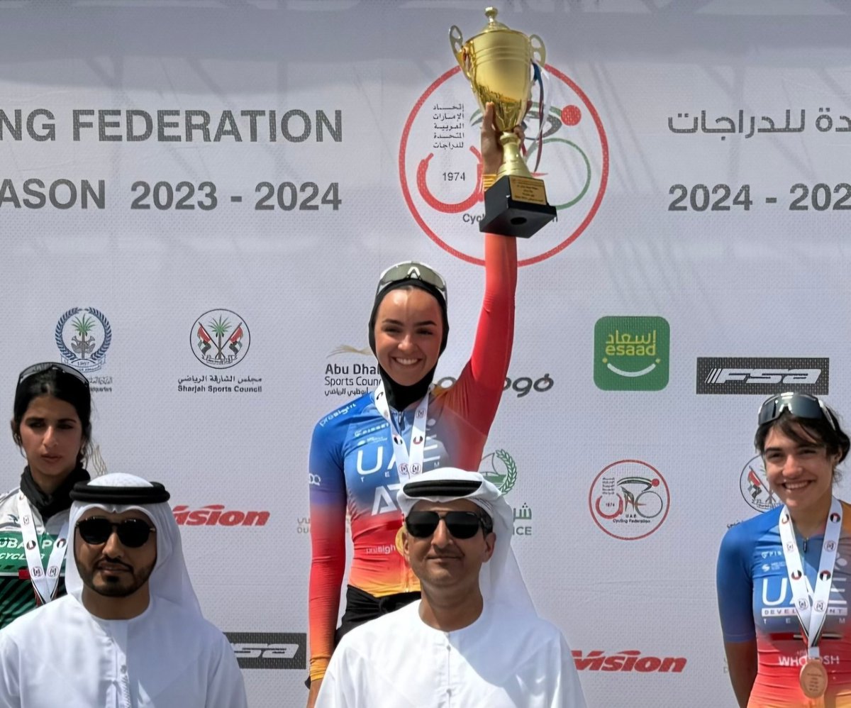 For the 4th consecutive year, Safiya Alsayegh won the UAE National Road Championships. In the 66-km race held in Nazwa, Sharjah, the UAE Team ADQ athlete achieved her first major goal of the season. Third place went to young Zahra Hussain of @uaedevo_team #UAETeamADQ #Believe