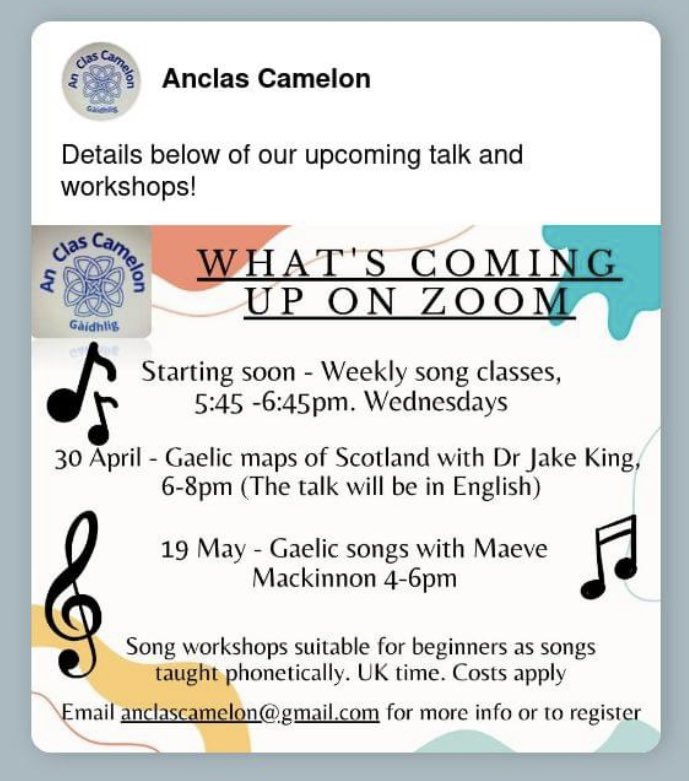 coming soon we have #gaelic maps of scotland talk and a song workshop

for more details please email

we also have a facebook page of you want to follow us on there 😊

#gaelic #maps #songs #learn