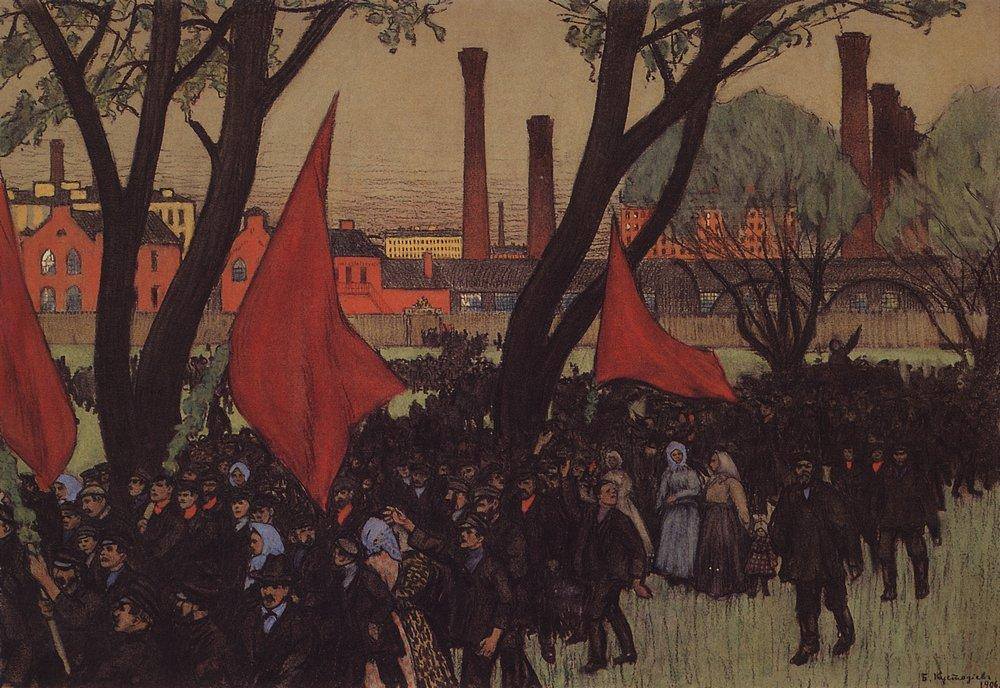 Putilov’da 1 Mayıs gösterisi, Boris Kustodiev.. Rusya’da 1905 devrimi sonrasında ilk yasal 1 Mayıs..