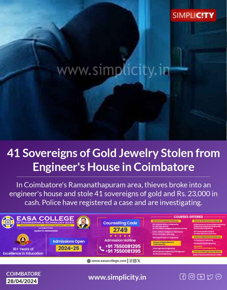 41 Sovereigns of Gold Jewelry Stolen from Engineer's House in Coimbatore simplicity.in/coimbatore/eng…