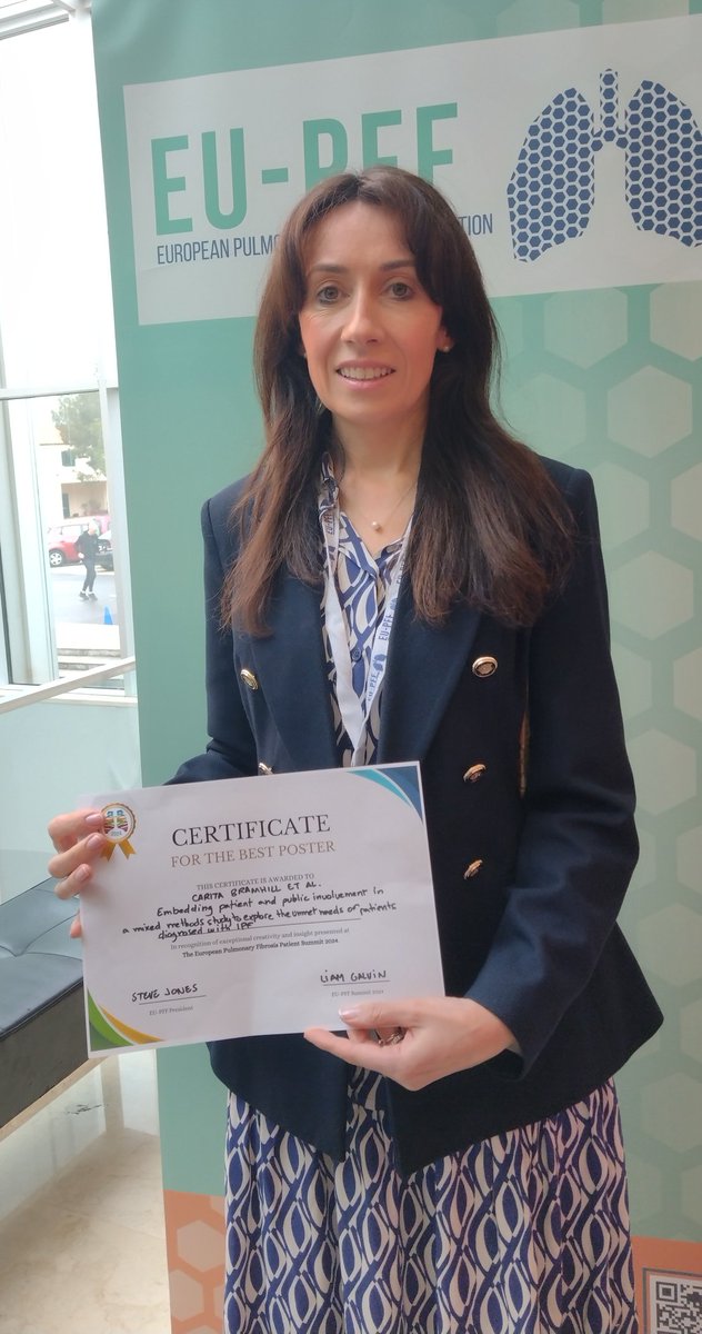 Congratulations @CaritaBramhill on recognition of your work on unmet patient need in IPF. Best clinician poster @EU_IPFF #PFSUMMIT24 @ILFA_Ireland @tcddublin @ild_inn