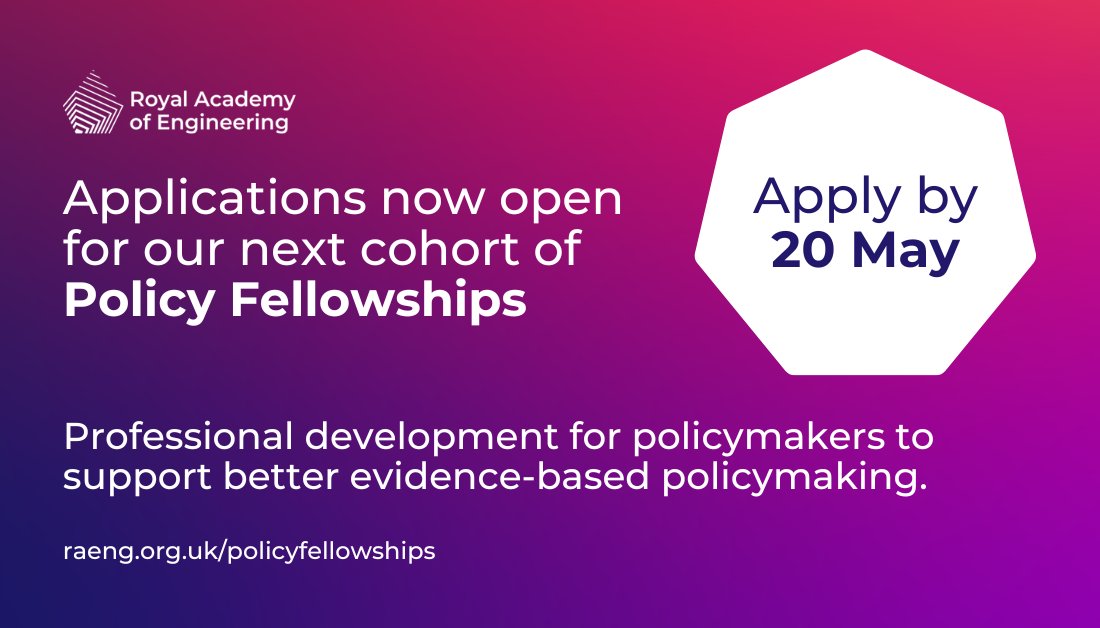 Have you seen our #PolicyFellowships are open for applications? The scheme unites policymakers, engineers, and researchers to produce fresh insights to policy challenges with systems thinking. Don't miss this professional development opportunity: raeng.org.uk/policyfellowsh…
