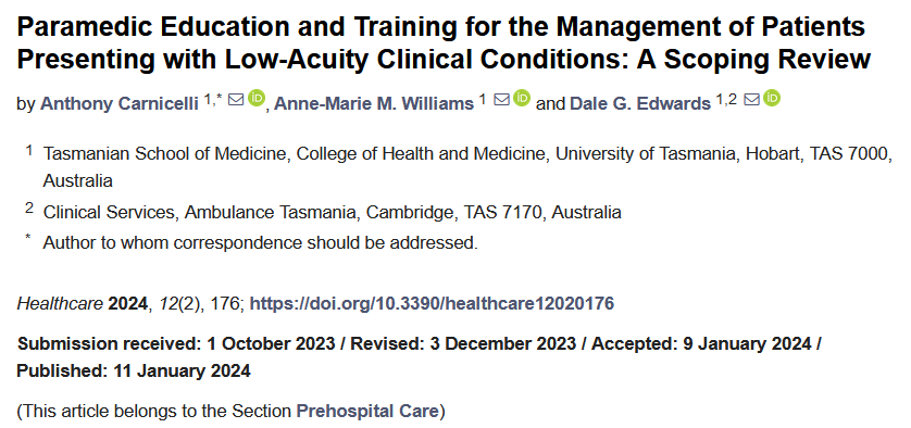☀️#HotPaper #mdpihealthcare✔️ '#Paramedic #Education and Training for the Management of Patients Presenting with Low-Acuity #Clinical Conditions: A Scoping Review' @DaleGEdwards @UTAS_ 📌Find the full paper here: mdpi.com/2227-9032/12/2…
