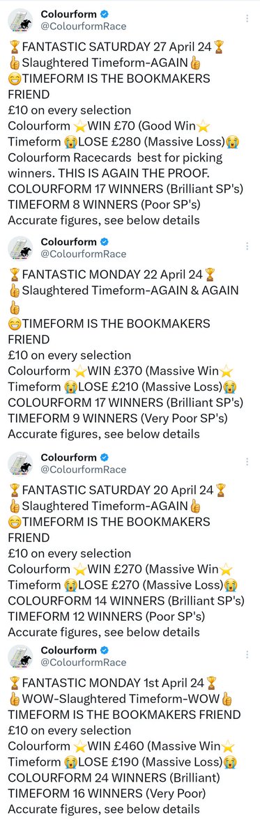 🏆COLOURFORM v TIMEFORM🏆
We slaughtered Timeform in April
BEST RACECARDS TO PICK WINNERS.
Figures below are very accurate