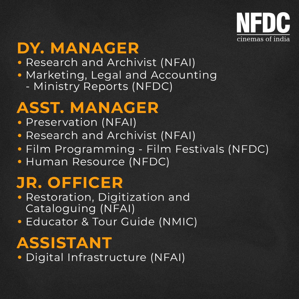 Exciting opportunity! Join our team! We're hiring for various positions, from General Manager to Assistant, across domains. Deadline to apply: April 30, 2024. Apply now at nfdcindia.com