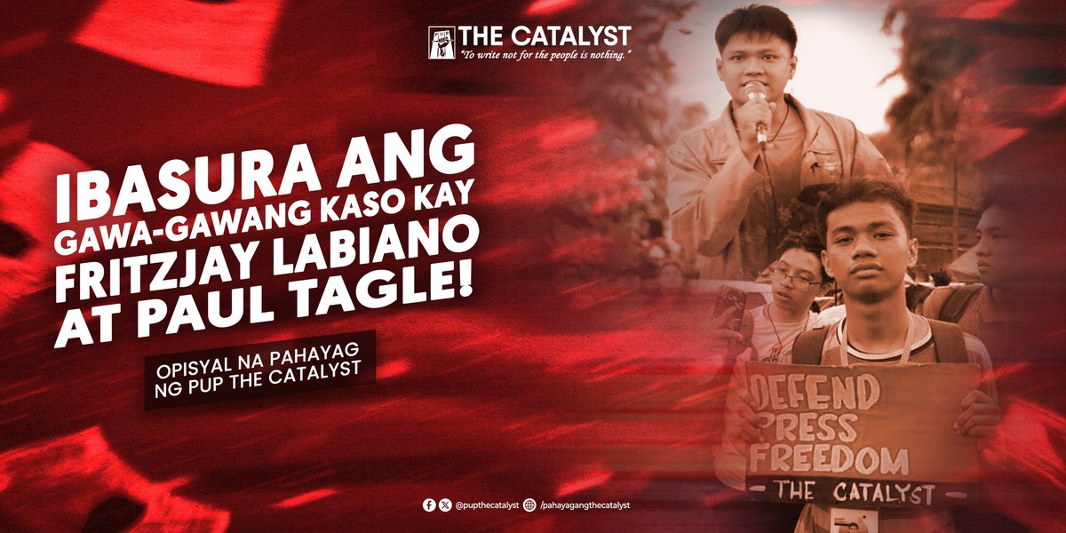 PAHAYAG NG PUP THE CATALYST HINGGIL SA GAWA-GAWANG KASONG ISINAMPA KINA FRITZJAY LABIANO AT PAUL TAGLE

IBASURA ANG GAWA-GAWANG KASO KAY FRITZJAY LABIANO AT PAUL TAGLE!

#DefendTheDefenders
#HandsOffFritz
#DefendPUP
#HandsOffPaul
#YouthFightBack