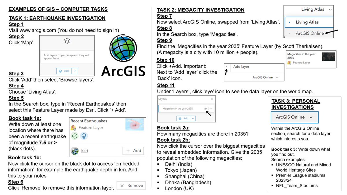 HeadofGeog's tweet image. GIS investigation: I made this worksheet to help students study Geographic Information System examples at ArcGIS. Step by step, without needing to sign in. Looks at earthquakes and megacities. Link above. Feedback welcome maybe from @Dav1dM0rgan? #TeachWithGIS #geographyteacher