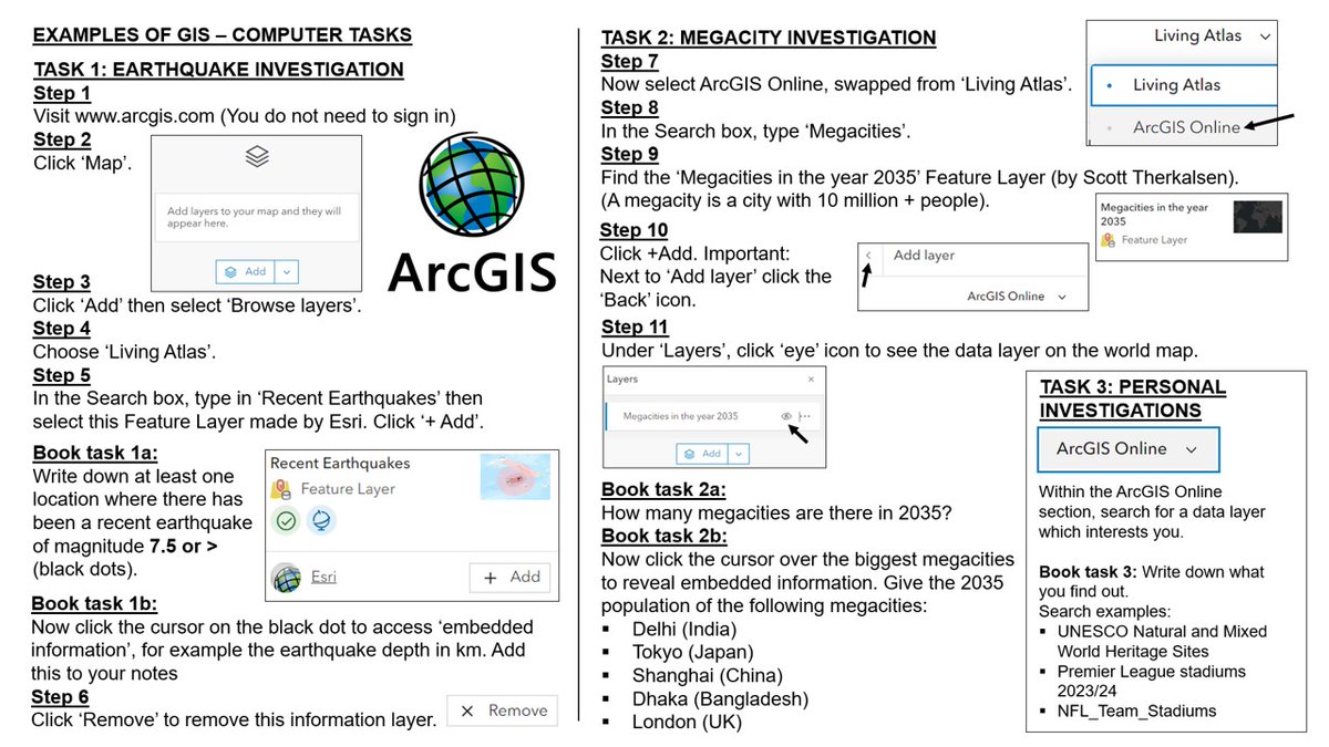 GIS investigation: I made this worksheet to help students study Geographic Information System examples at ArcGIS. Step by step, without needing to sign in. Looks at earthquakes and megacities. Link above. Feedback welcome maybe from @Dav1dM0rgan? #TeachWithGIS #geographyteacher