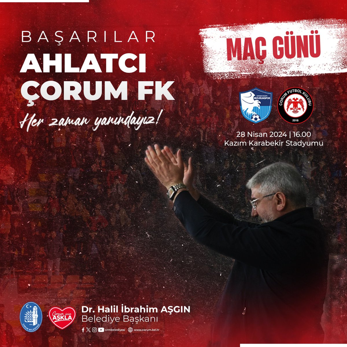 Vurduğunuz gol olsun @corumfk ❤️🖤 Erzurumspor karşısında, Süper Lig yolunda Ahlatcı Çorum Futbol Kulübümüze yürekten başarılar diliyorum. #maçgünü #AhlatcıÇorumFK