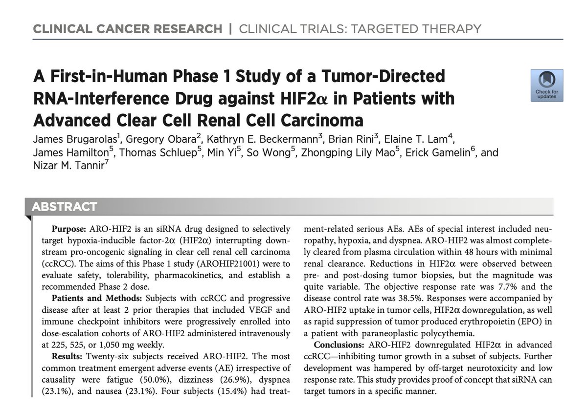 Phase 1 study of ARO-HIF2 shows promise in targeting HIF2α for ccRCC treatment, achieving tumor growth inhibition in a subset of patients. Challenges include neurotoxicity & low response rate. @JBrugarolas @CCR_AACR @OncoAlert #Cancer #oncology @katy_beckermann @brian_rini…