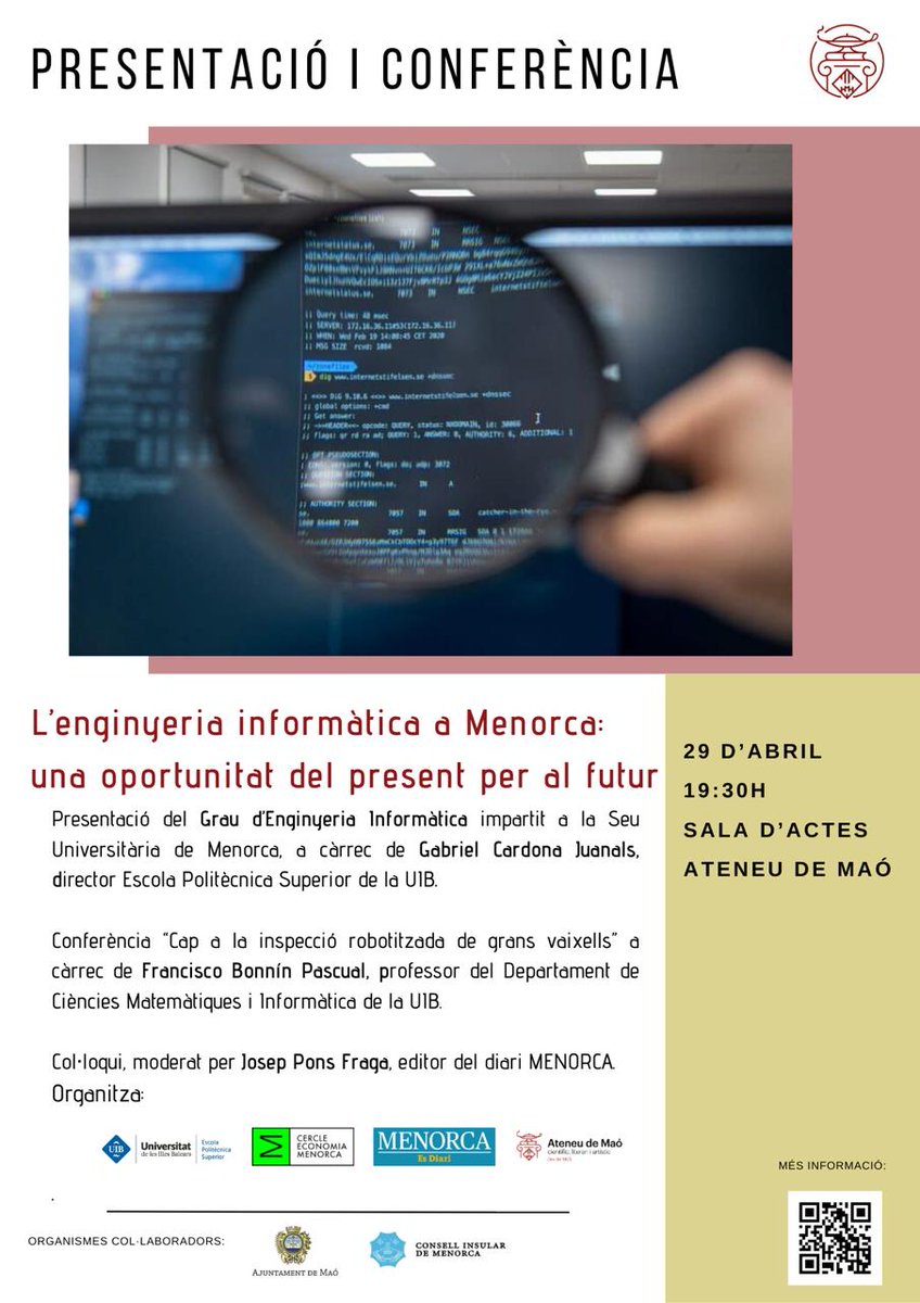 Dilluns 29 d'abril a les 19h30 a l'@Ateneumao 'L'Enginyeria Informàtica a Menorca: una oportunitat del present per al futur' amb @gcardonaj i @xisco_bonnin. Vos esperam com a futurs alumnes del Grau d'Enginyeria #Informàtica a Menorca! @cerclemenorca @UIBuniversitat @PortUIB