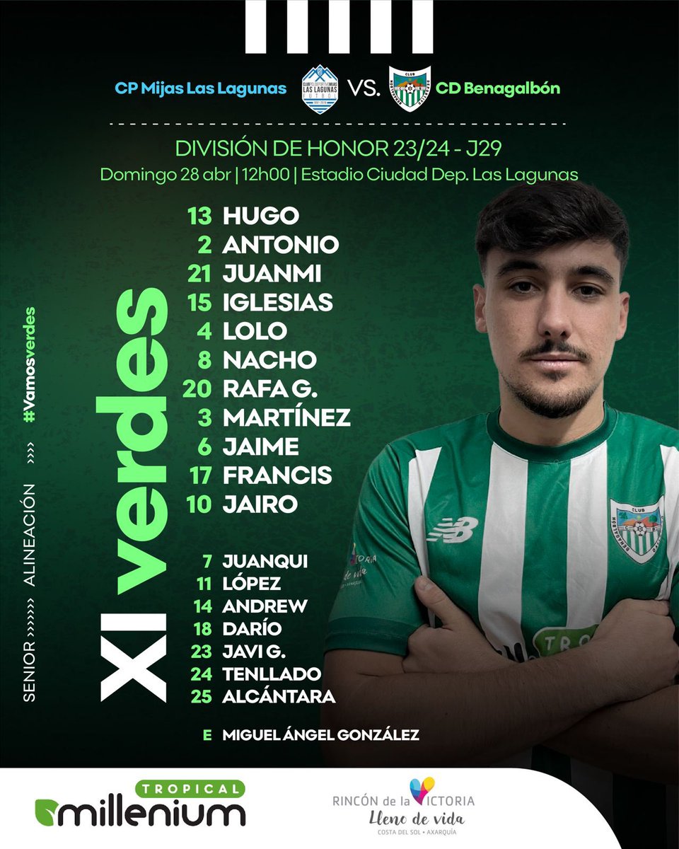 💚⚽️ 11 INICIAL 💚⚽️

👇🏻 11 elegido por <a href="/MiguelGlezz4/">Miguel A. González</a> para nuestro partido de la jornada 2️⃣9️⃣ frente al #CPMijasLasLagunas 

🧤 Hugo
🛡️Antonio Juanmi Iglesias
⚙️ Lolo Nacho Rafa Martinez Jaime Francis
🎯Jairo

#LasLagunasBenagalbon 
#VamosVerdes💚