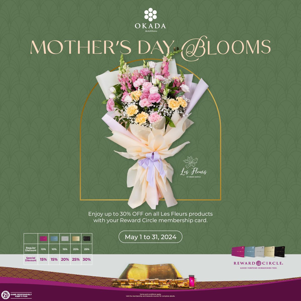 Shower Mom with love and savings this Mother's Day! Simply present your Reward Circle membership card and get up to 30% on all Les Fleurs products. Don't miss out on this exclusive offer! To know more, visit okdmnl.ph/PamperHerWithP…