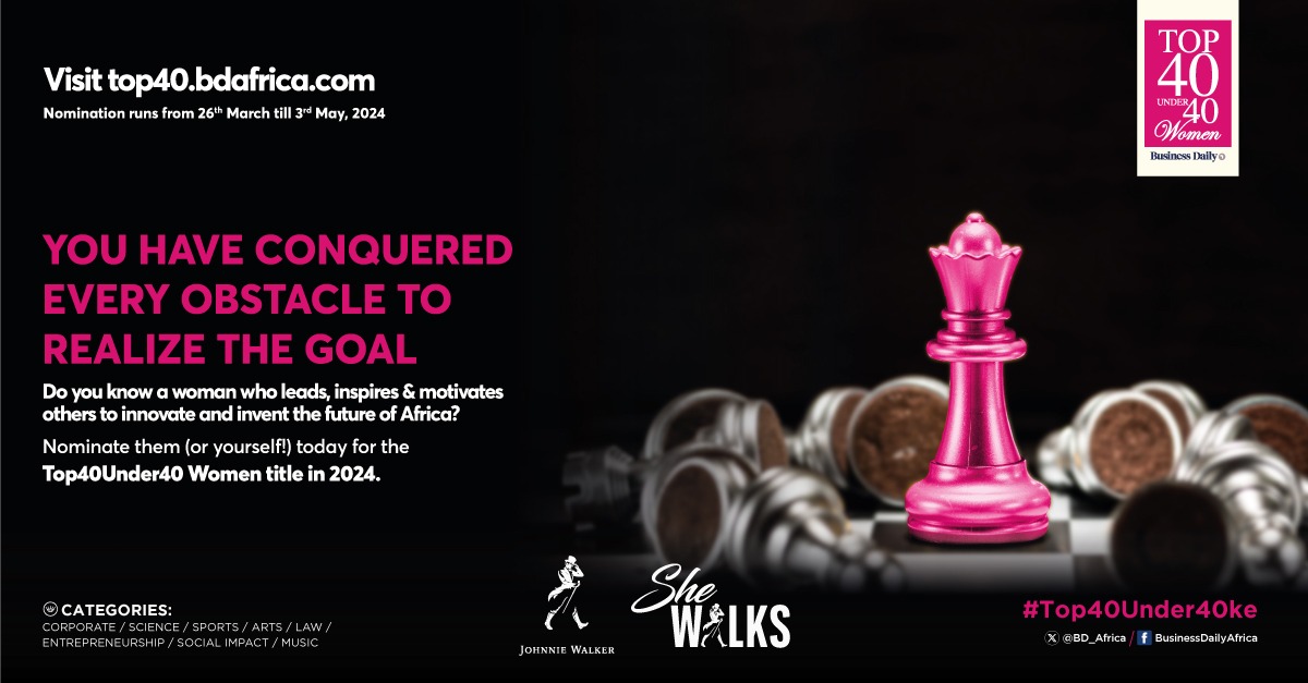Nominate a deserving woman, or yourself, today for the Business Daily Top 40 Under 40 Women 2024!
Visit top40.bdafrica.com to submit your nomination.
Nominations close on 3rd May 2024.

@JohnnieWalkerKe

#Top40Under40KE #SheWalks #NominateNow #KeepWalking