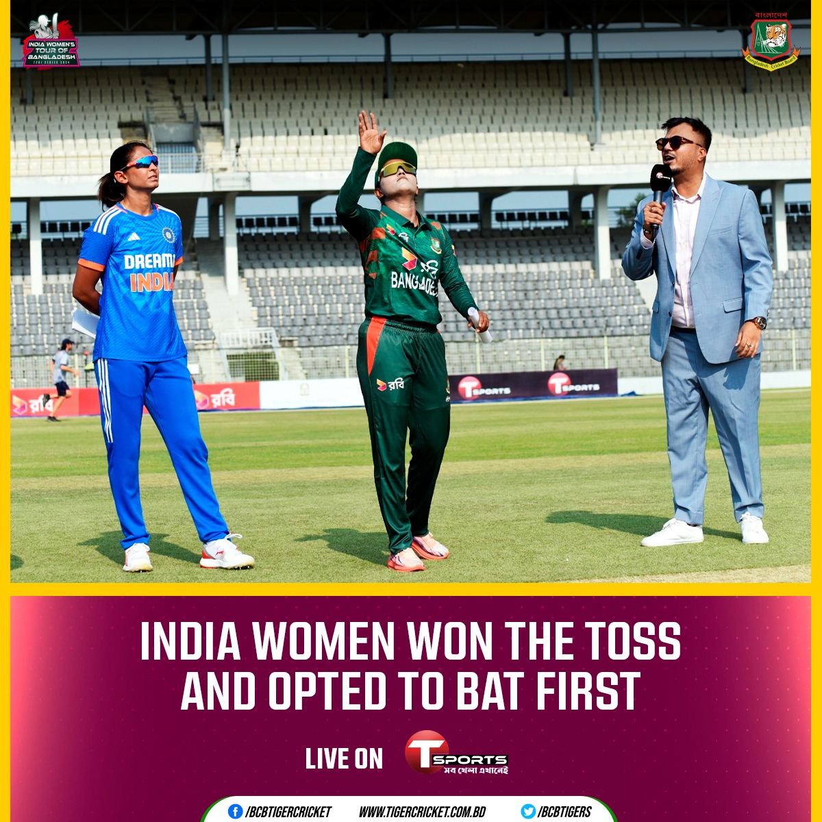 India Women’s Team Tour of Bangladesh 2024

India have won the toss and opted to bat first

Details 👉: tigercricket.com.bd/live-score/ind…

#BCB #Cricket #BANWvINDW #LiveCrcket #HomeSeries #T20Iseries #womenscricket