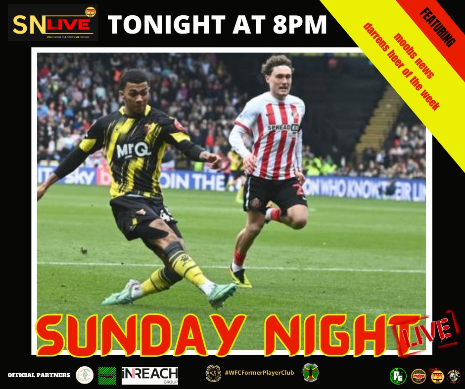 TONIGHT AT 8PM Click Here: youtube.com/watch?v=LMyNke…

Join the team for this weeks #SundayNightLive  where YOU Choose The Topics WE Discuss

#watfordfc #tma #WFCFormerPlayersClub