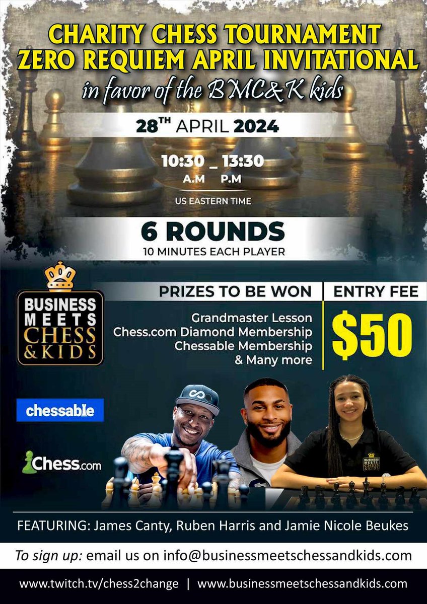 Charity tournament to help underprivileged children develop via chess. There's still time to enter here: form.jotform.com/240524508336554