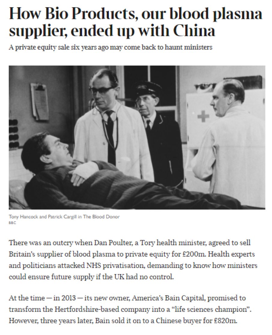 I tweeted about this 3 years ago. NHS Blood Plasma services were sold by the Conservatives to a USA 🇺🇸 Hedge Fund Bain Capital run by Mitt Romney. Bain Sold it to the Chinese government for £820 Million. Dan Poulter, the Tory who just defected to Labour was the minister.