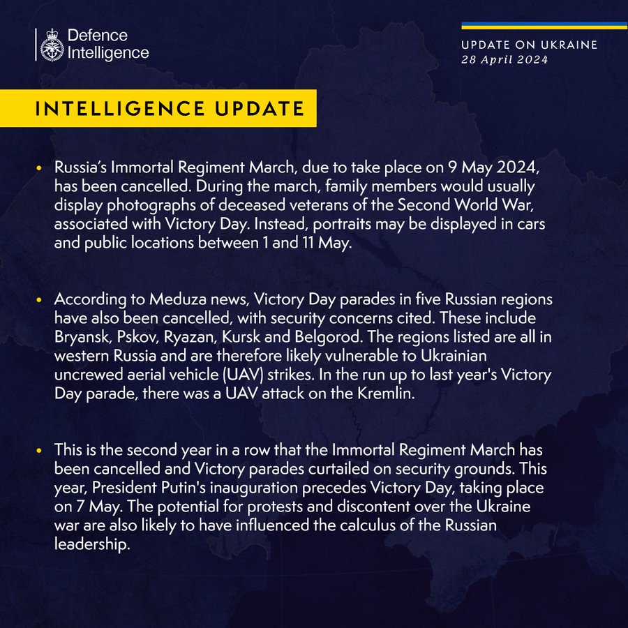 Russia’s Immortal Regiment March, due to take place on 9 May 24, has been cancelled. During the march family members would usually display photographs of deceased veterans of the Second World War, associated with Victory Day. Instead, portraits may be displayed in cars and public locations between 1-11 May. According to Meduza news, Victory Day parades in five Russian regions have also been cancelled, with security concerns cited. These include Bryansk, Pskov, Ryazan, Kursk and Belgorod. The regions listed are all in western Russia and are therefore likely vulnerable to Ukrainian uncrewed aerial vehicle (UAV) strikes. In the run up to last year's Victory Day parade, there was a UAV attack on the Kremlin. This is the second year that the Immortal Regiment March has been cancelled and Victory parades curtailed on security grounds. This year, President Putin's inauguration precedes Victory Day, taking place on 7 May.