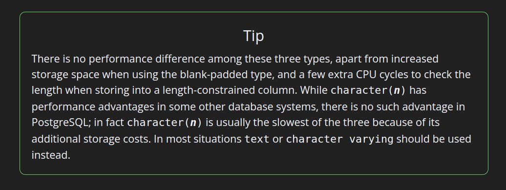ppok24's tweet photo. I always expected fixed lengths character columns to outperform variable length since the db would know "n bytes to fetch". Surprised to learn that postgres in fact recommends using the it's "native" text field. Human should always read documentation. 🐒
https://t.co/DWVOAJZcMR https://t.co/JMOvv7UbUe