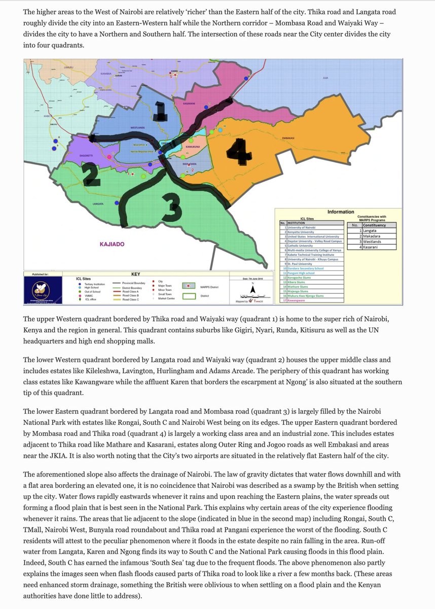 A very interesting read on the topography of Nairobi and why it floods more in some parts of the city: 

"This explains why certain areas of the city experience flooding whenever it rains. The areas that lie adjacent to the slope (indicated in blue in the second map) including