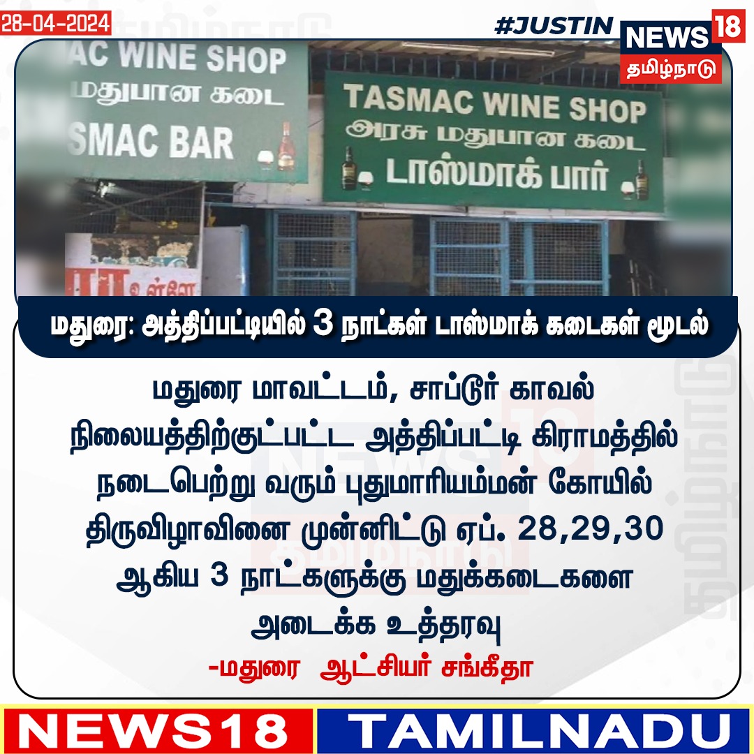 #JUSTIN மதுரை: அத்திப்பட்டியில் 3 நாட்கள் டாஸ்மாக் கடைகள் மூடல் - மதுரை ஆட்சியர் சங்கீதா உத்தரவு
#Madurai #TASMAC #Athipatti #TempleFestival #News18tamilnadu | News18tamil.com