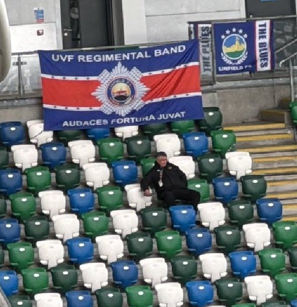 UVF flag on display in Windsor Park yesterday This is the band that regularly glorifies UVF terrorists like murderer Brian Robinson But the RA