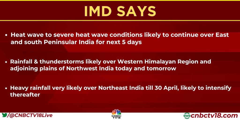 Heat wave to severe heat wave conditions likely to continue over East and south Peninsular India for next 5 days, says IMD Here's more👇