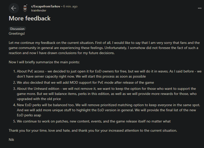 NoiceGuy_'s tweet photo. I will put this in plain english. I've lost trust for them, it's not over yet and the Tarkov name isn't coming back. But that right there is good shit #EscapefromTarkov #ThatsAStart https://t.co/VRvLM3UtEM