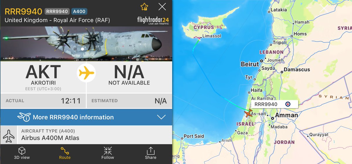 UK Royal Air Force 🇬🇧 A400M Military Transport Plane from RAF Akrotiri => Tel Aviv 🇮🇱 (reg. ZM404)