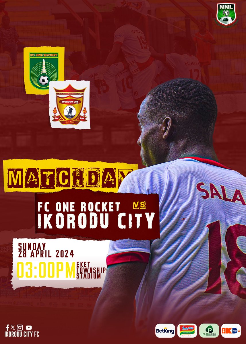 MATCHDAY people!

vs FC ONE Rocket
🏟️ Eket Stadium, Akwa Ibom
🕰️ 3:00pm KO
NNL24

#OgaBoys | #WeAreIkoroduCityFC