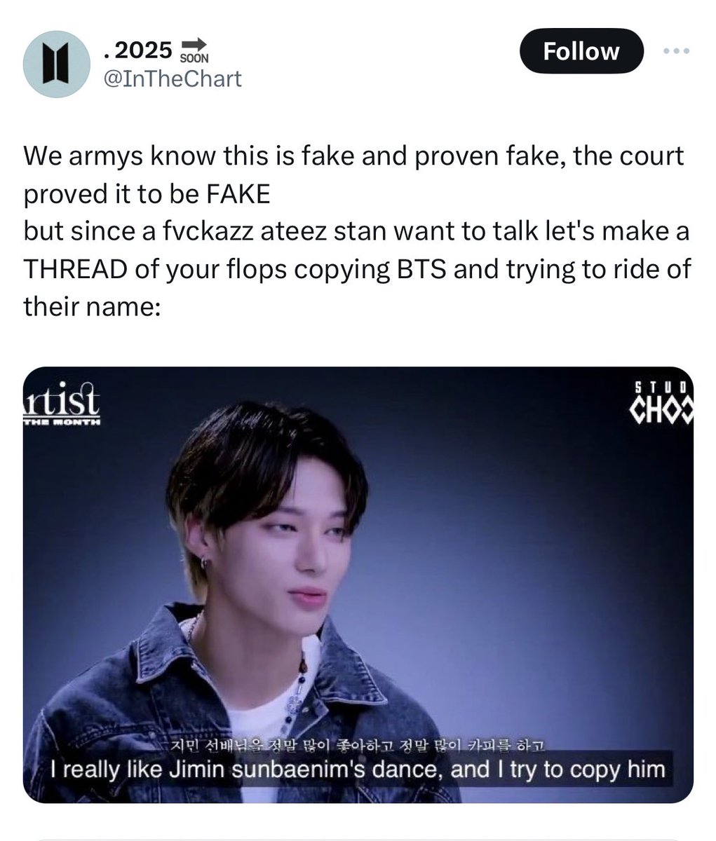 AttorneyTeez's tweet image. For days, ARMYs have been annoying. It was funny at first, but your false threads to make Ateez look like the local cheaters are getting old.

Here's a debunking of the ARMYs' conspiracy theory:

- A thread based on their own thread.
@goldenpopjeon @JeonggukUSA @InTheChart