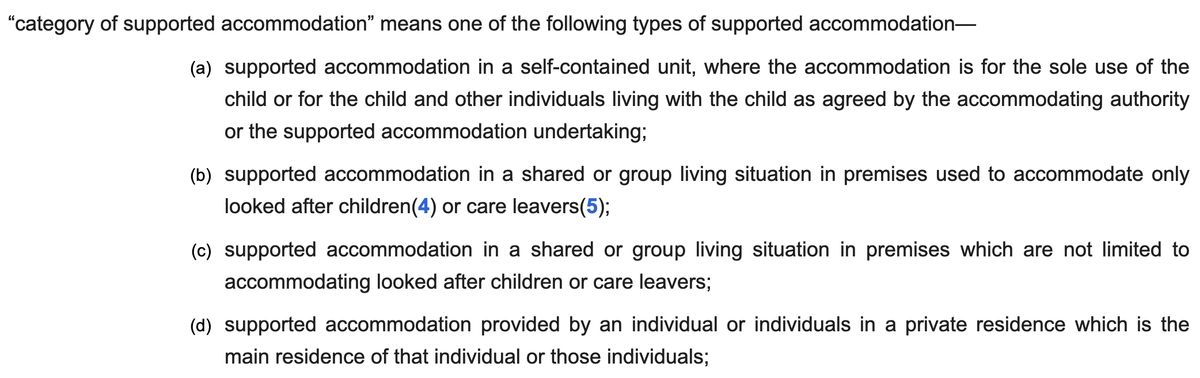 Then law changed for 16 & 17 year-olds in care. 4 categories of 'supported accommodation' can now be registered with Ofsted. Distinguishing feature of all = children don't receive care. Category 3 is accommodation where adults of any age also live. Law does not exclude hotels.