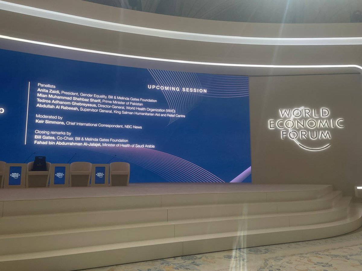 The stage is set for World Economic Forum’s @wef Panel on Bridging the Health Gap. PM @CMShehbaz will be speaking soon. DG WHO @DrTedros and @BillGates Co-Chair Bill & Melinda Gates Foundation also speaking on the same panel. #WEF #Riyadh #SaudiArabia