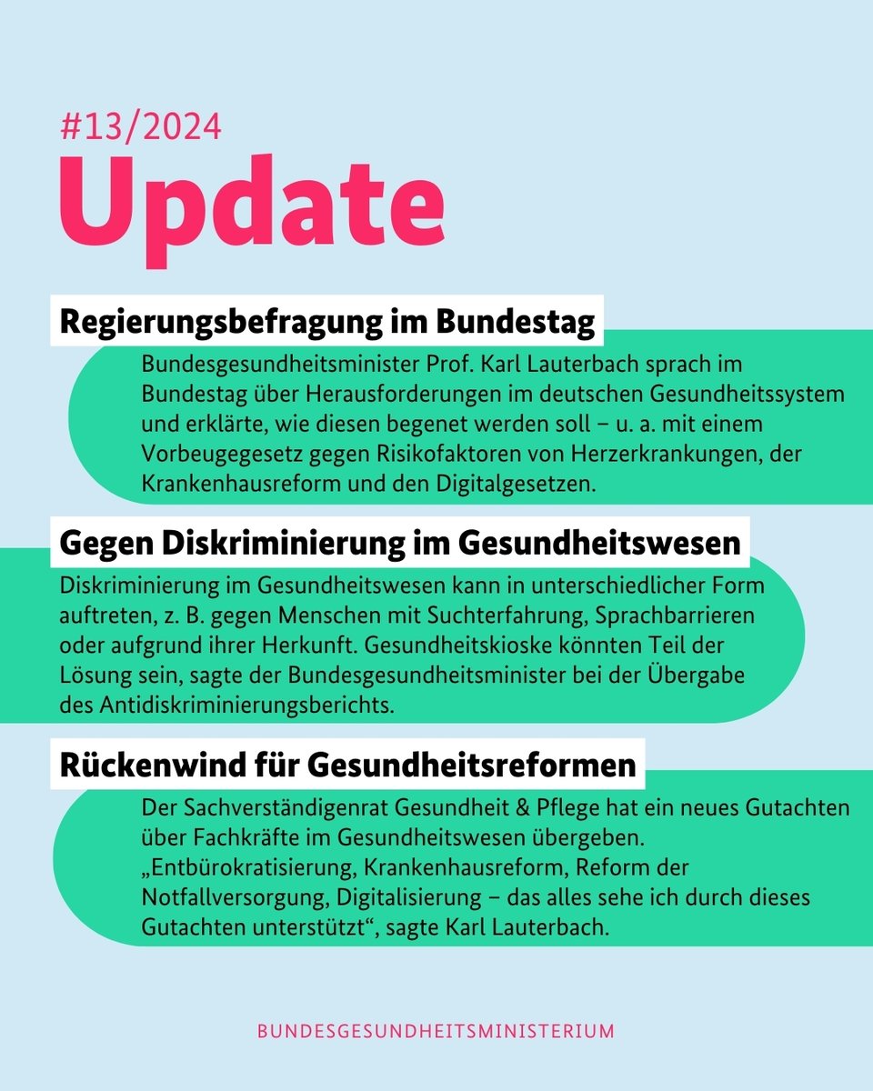 Wichtige gesundheitspolitische Themen in dieser Woche: #Regierungsbefragung im Bundestag, #Antidiskriminierungsbericht und das Gutachten des Sachverständigenrates Gesundheit & Pflege. Mehr dazu in unserem #Update 👇