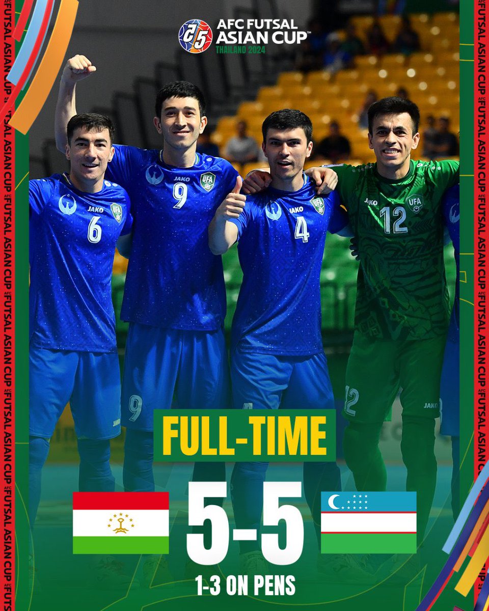 🏆AFCフットサル #アジアカップ タイ2024
🔥3位決定戦

⏰試合終了⏰
🇹🇯#タジキスタン 5-5(PK戦 1-3) #ウズベキスタン🇺🇿

#ACFutsal2024 #TJKvUZB